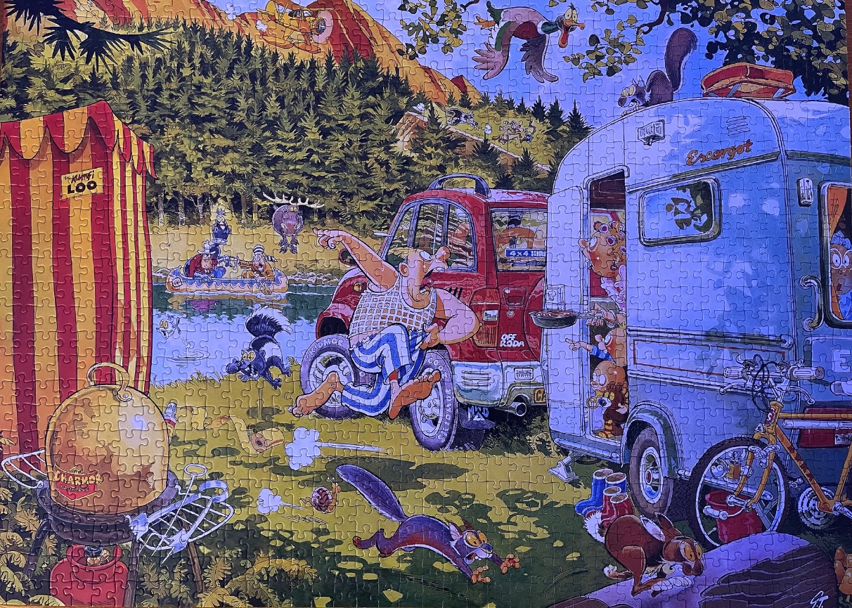 A comedic cartoon camping scene featuring a man in pajamas running away from a campsite.