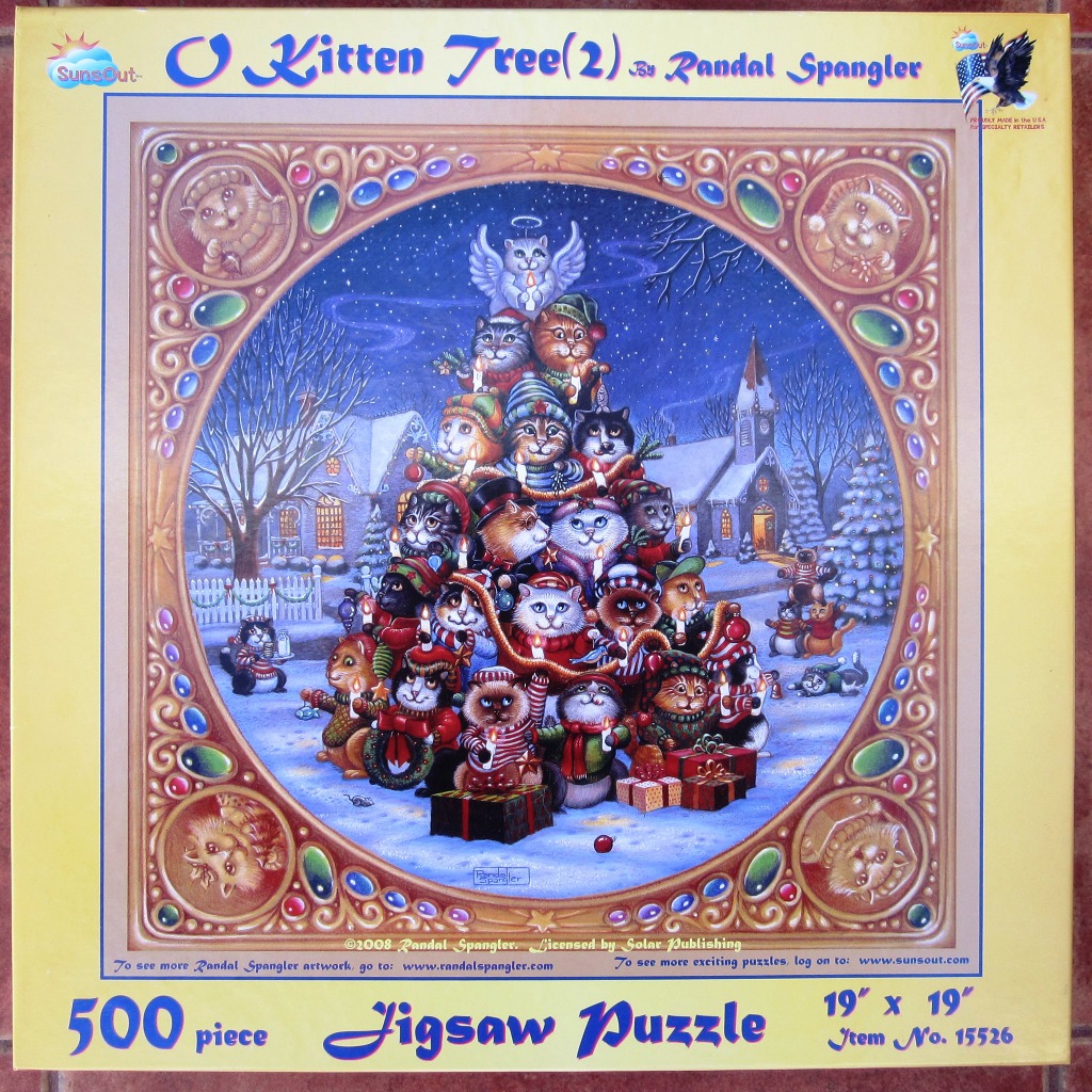 A whimsical illustration of many cats stacked into the shape of a Christmas tree in a snowy village square.