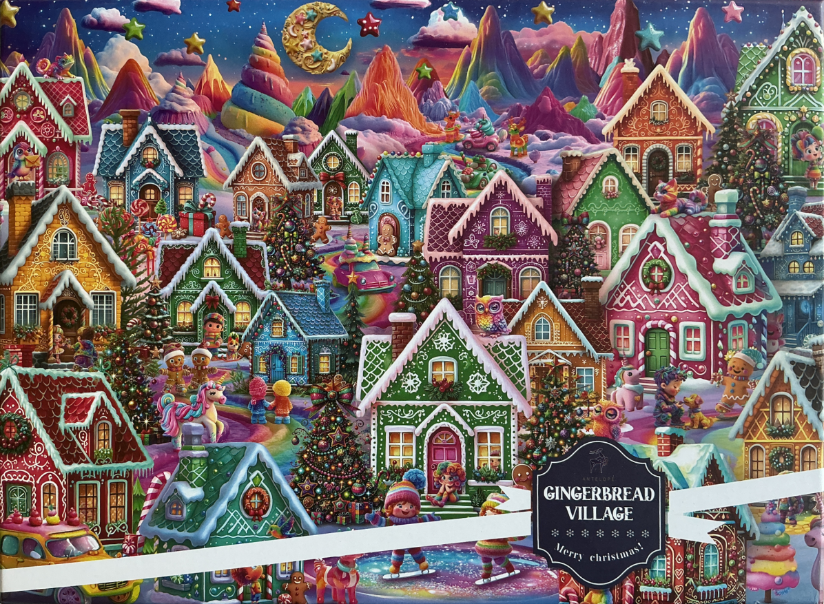 Whimsical gingerbread village at night with colorful houses, candy decorations, and a magical landscape