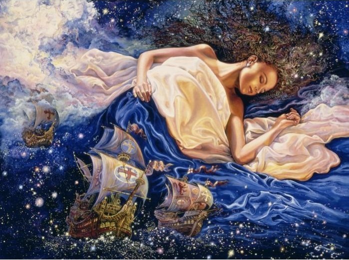 A woman with flowing hair sleeps among the stars as galleon ships sail across the fabric of her celestial blanket.