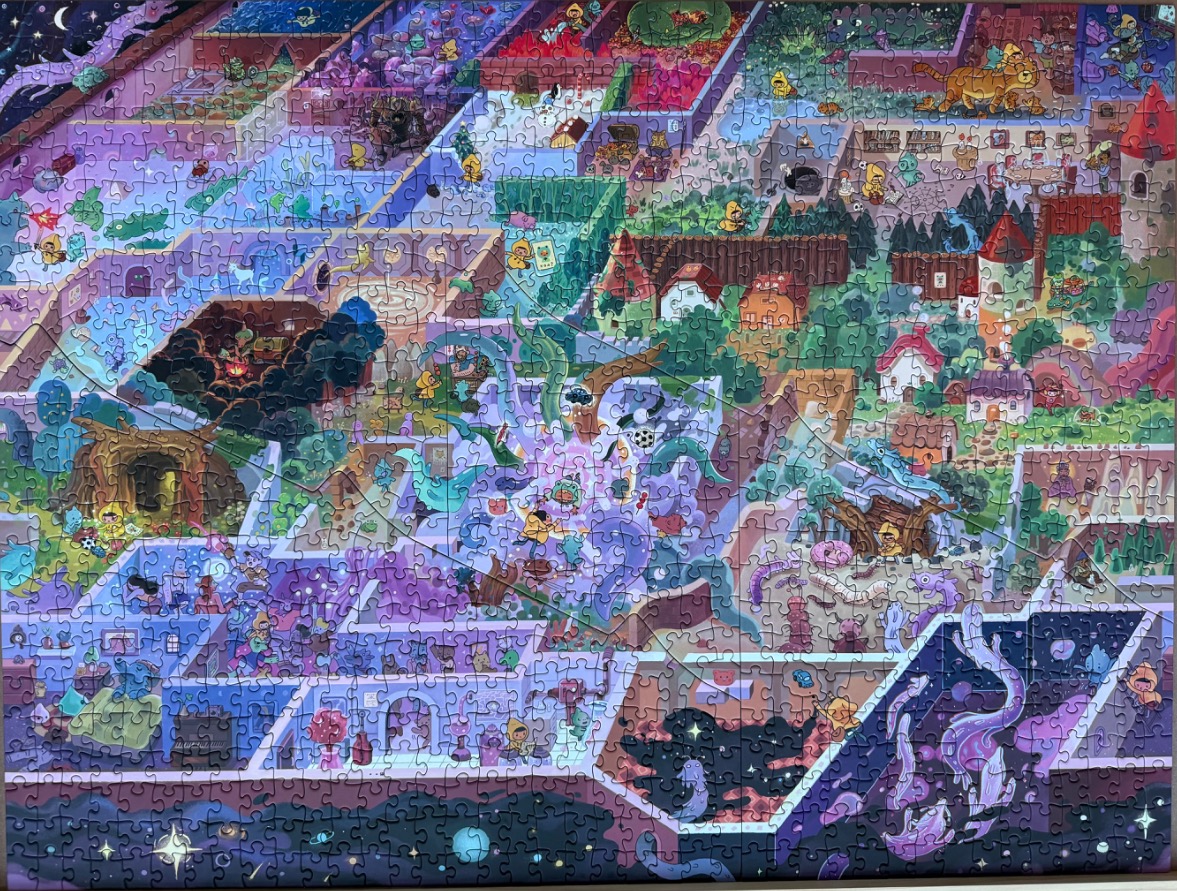Whimsical maze scene with purple hues, fantasy creatures, and small houses.