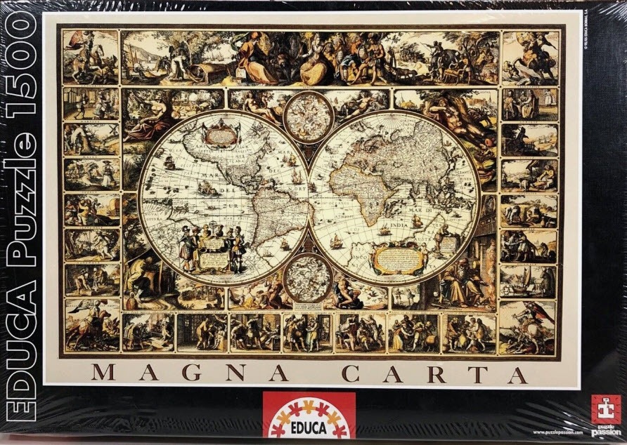 Vintage-style world map surrounded by historical and mythological vignettes