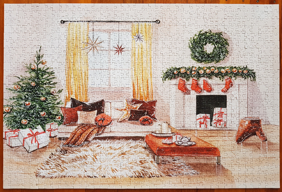 A cozy, illustrated Christmas living room scene with a fireplace, tree, and couch.
