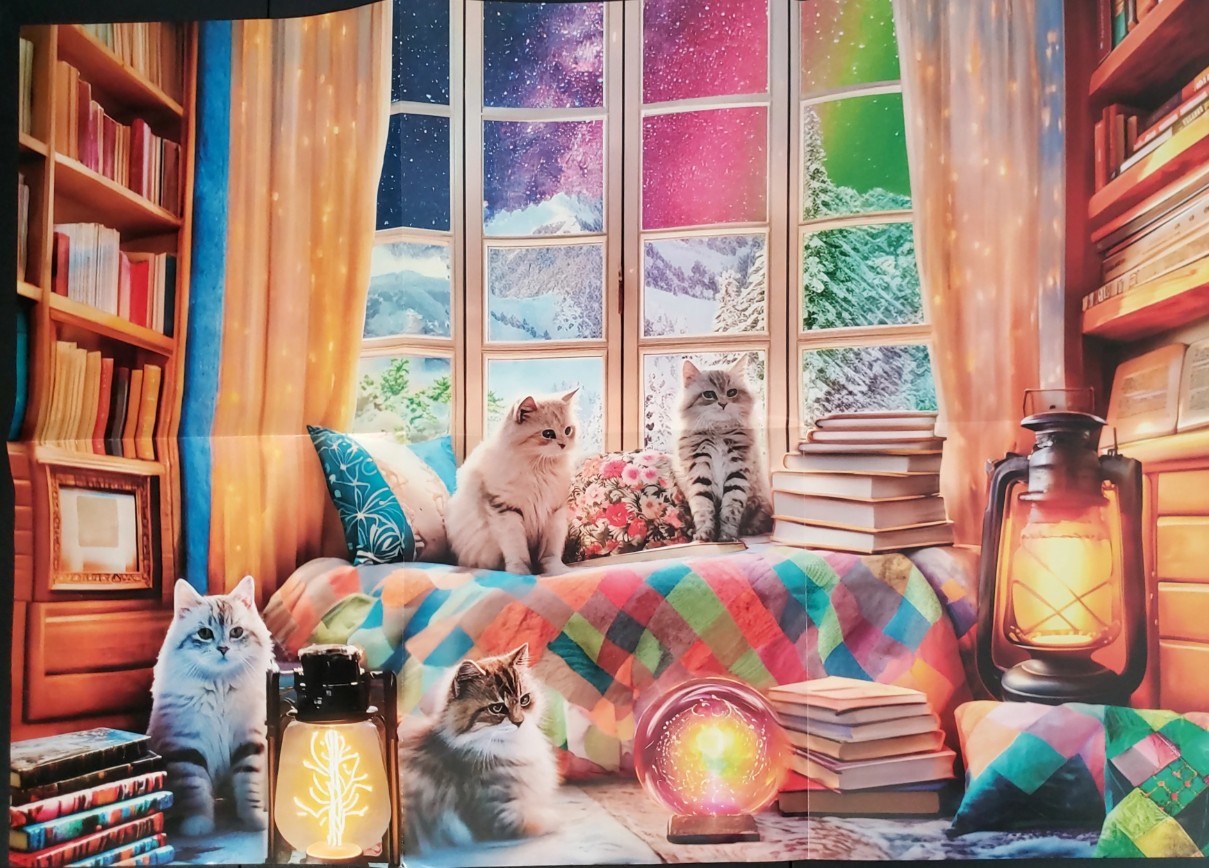 Four fluffy cats in a cozy, book-filled room with a window showing a magical, snowy winter night.