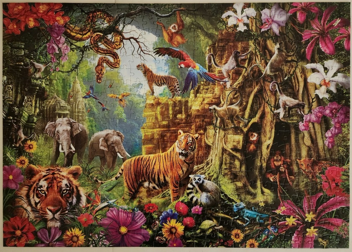A lush, vibrant jungle scene filled with exotic animals and ancient temple ruins.