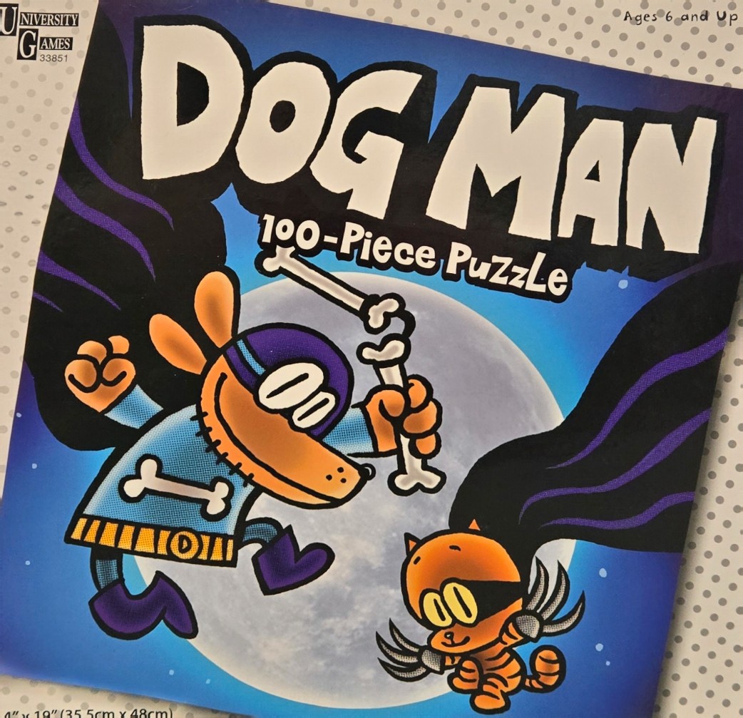 Dog Man and Petey the Cat cartoon characters against a full moon background.