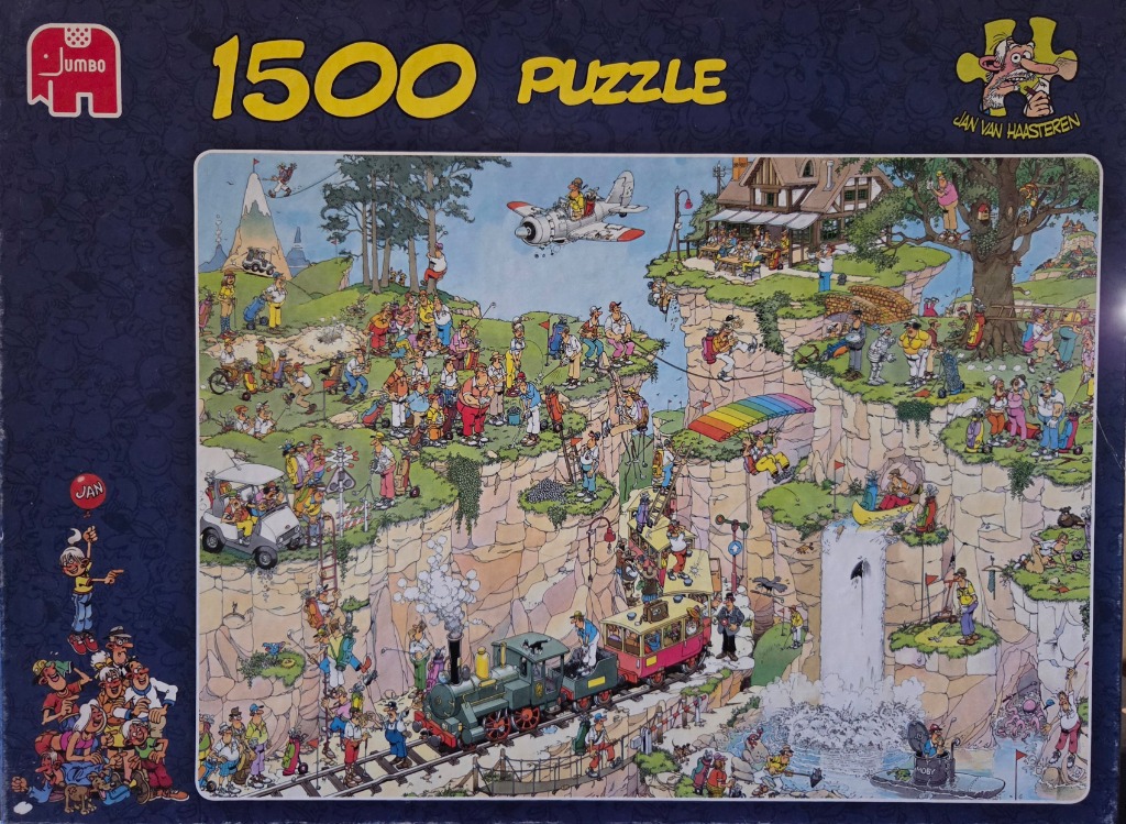 A busy cartoon illustration featuring numerous chaotic scenes on golf course cliffs and a winding train track.