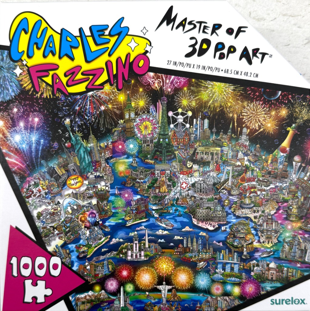 A vibrant, 3D-style pop art illustration featuring a dense, global collection of iconic landmarks under fireworks.