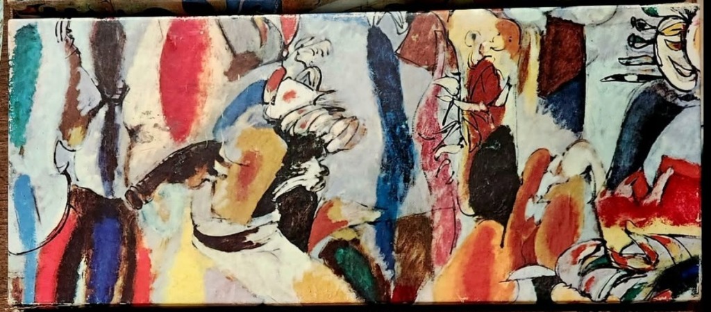 Abstract expressionist painting featuring fragmented, gestural figures and bold shapes in a muted, textured palette.
