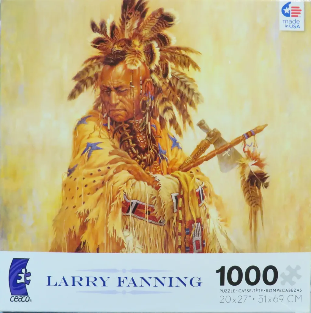 An oil painting of a Native American man wearing a feathered headdress and yellow buckskin regalia holding a tomahawk.