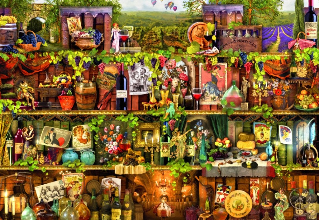 A detailed illustration of overflowing shelves filled with wine bottles, fruit, books, and vintage artwork.