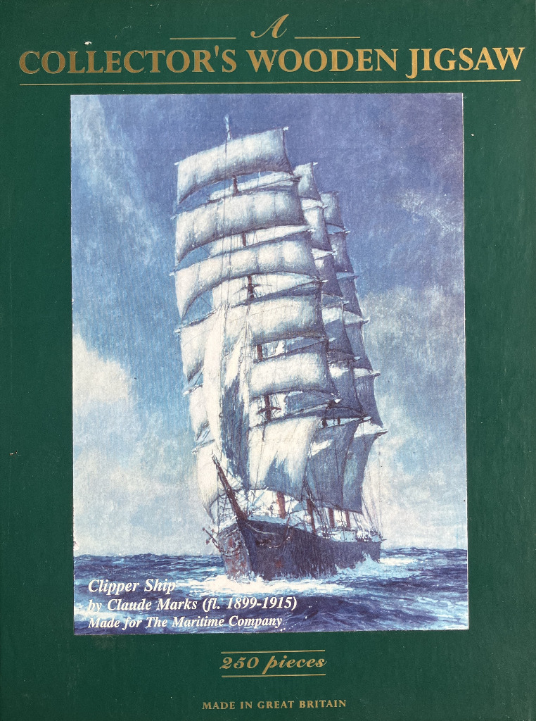 A maritime oil painting of a clipper ship under full sail on a choppy blue sea.