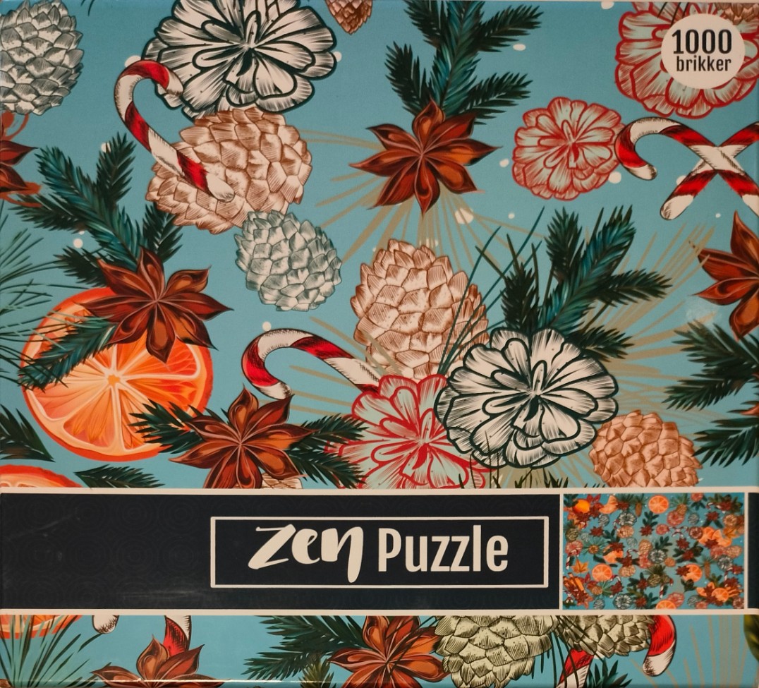 Christmas-themed pattern with pinecones, star anise, candy canes, and orange slices on a light blue background.