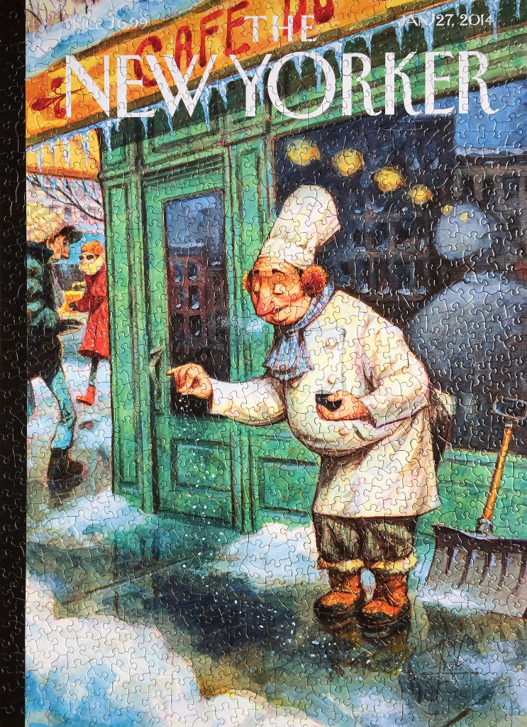 An illustration of a chef sprinkling salt on an icy sidewalk in front of a cafe in winter.