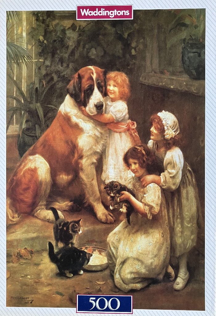 A classic oil painting of two young girls hugging a large Saint Bernard dog while two kittens play with a milk bowl.