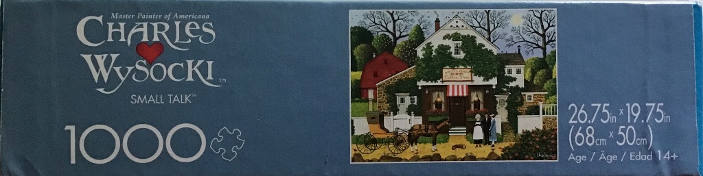 Folk art scene of a colonial coffee shop with a horse-drawn carriage and people.