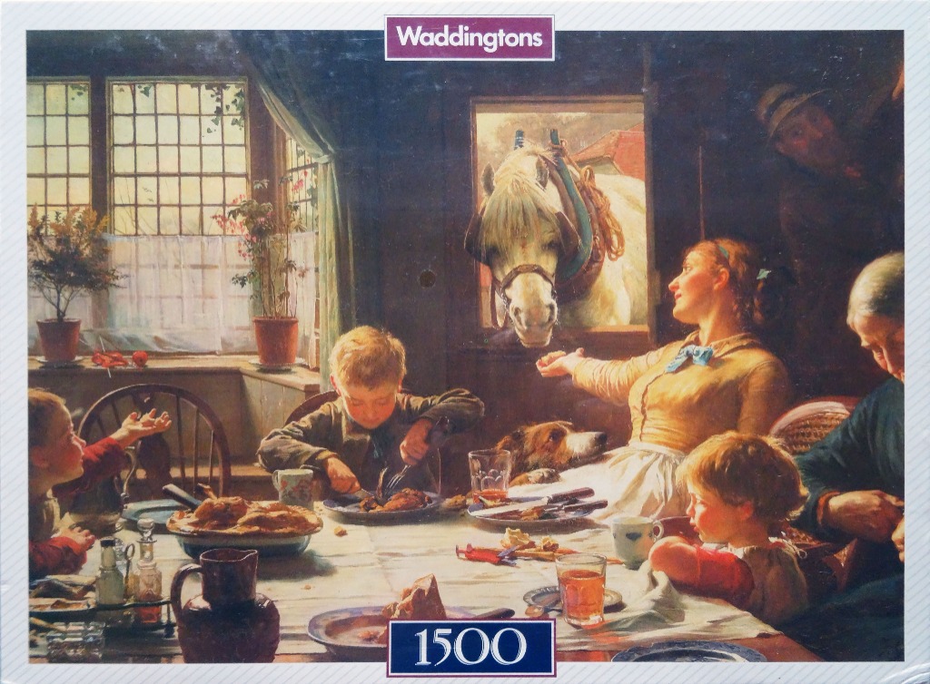 A family eating dinner in a rustic kitchen as a horse looks through an open stable door.