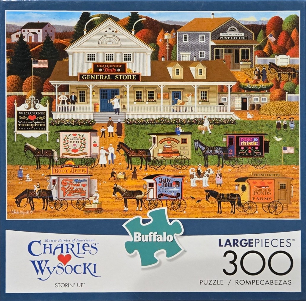 A folk art illustration of a charming general store and farmers market filled with horse-drawn vendor wagons.