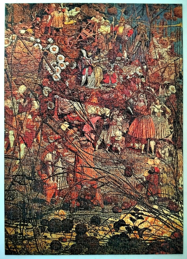 A crowded 19th-century-style illustration of an elaborate fairy or folk gathering in a forest clearing.