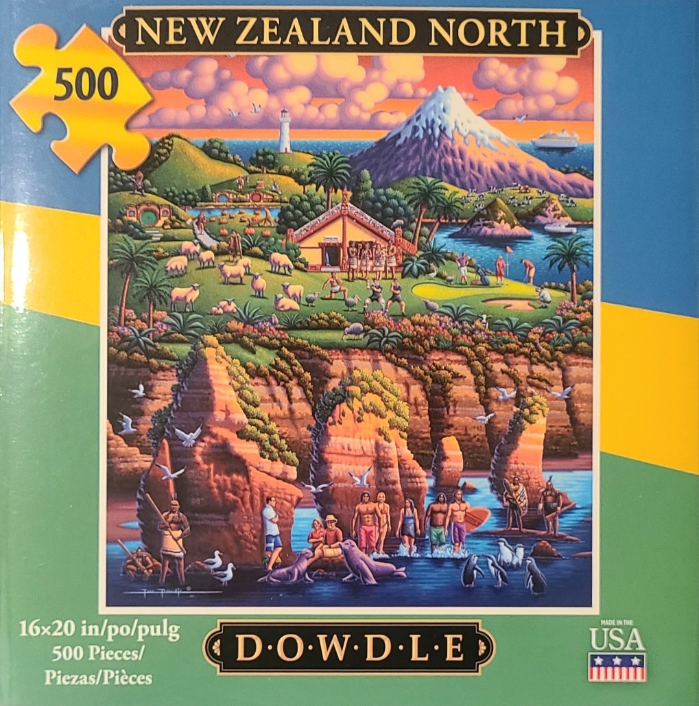 A folk-art style painting of a New Zealand coastal landscape featuring rolling hills, a mountain, and Maori structures.