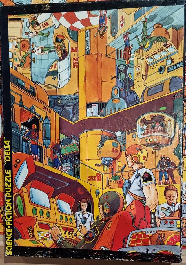 Futuristic science fiction scene showing a multi-level spacecraft interior with characters in flight gear.