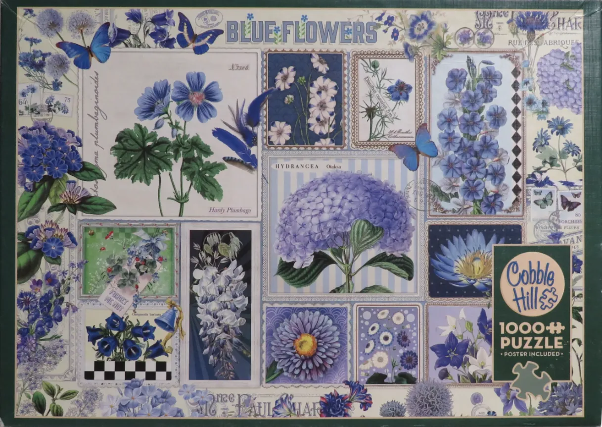A collage of various blue botanical illustrations and flowers, including hydrangeas, lilies, and butterflies.
