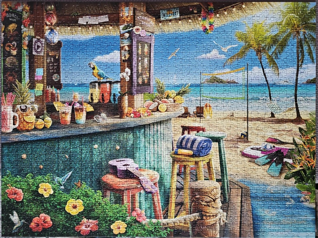 A sunny tropical beach bar scene with a thatched roof, colorful drinks, a parrot, and a view of the ocean.