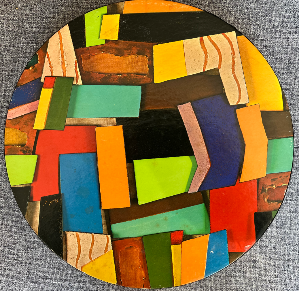 Abstract geometric painting with vibrant, overlapping rectangles in a circular format.