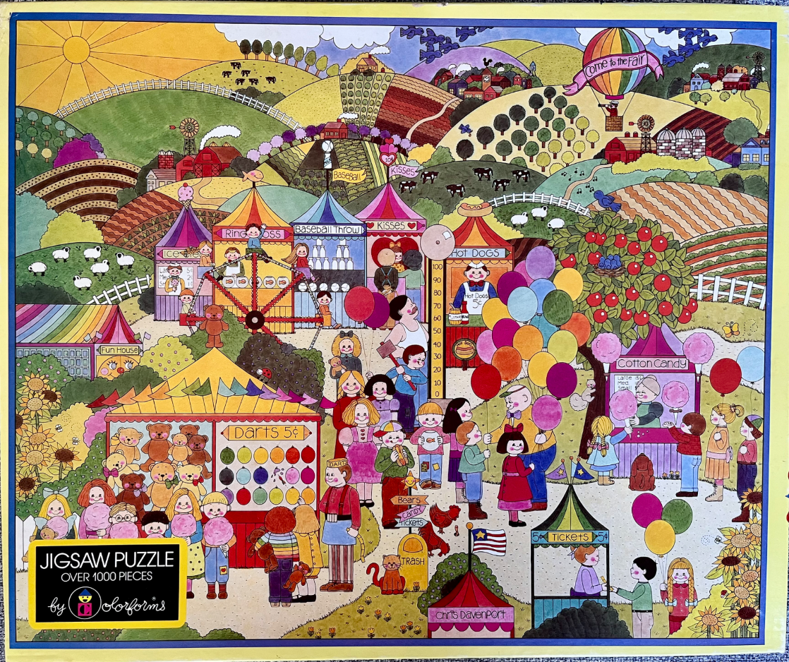 A colorful, whimsical illustration of a busy county fair nestled in rolling hills.