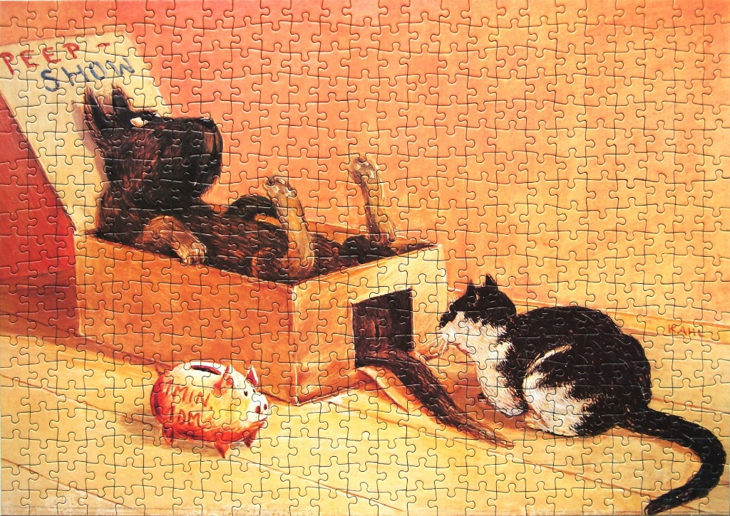 An illustration of a scruffy black dog inside a cardboard box marked 'Peep Show' with a cat watching him.