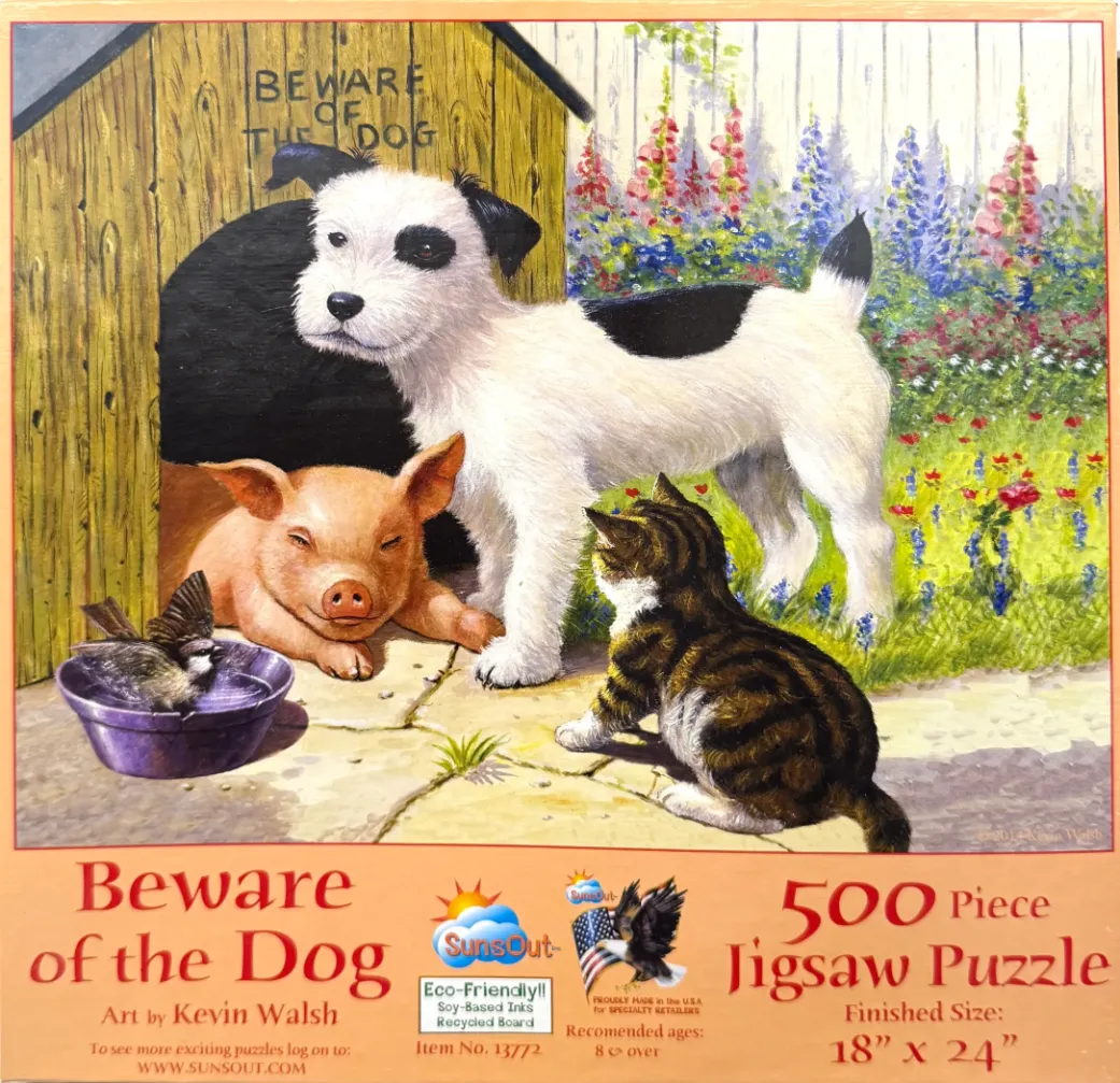 A painting of a black and white terrier standing in front of a doghouse with a piglet, a kitten, and a small bird.