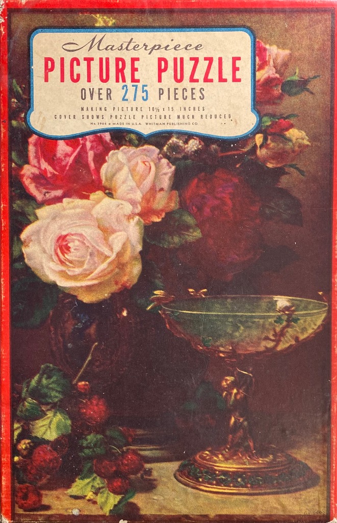 A still life painting of lush roses in a dark vase, a delicate footed glass bowl, and a cluster of raspberries.