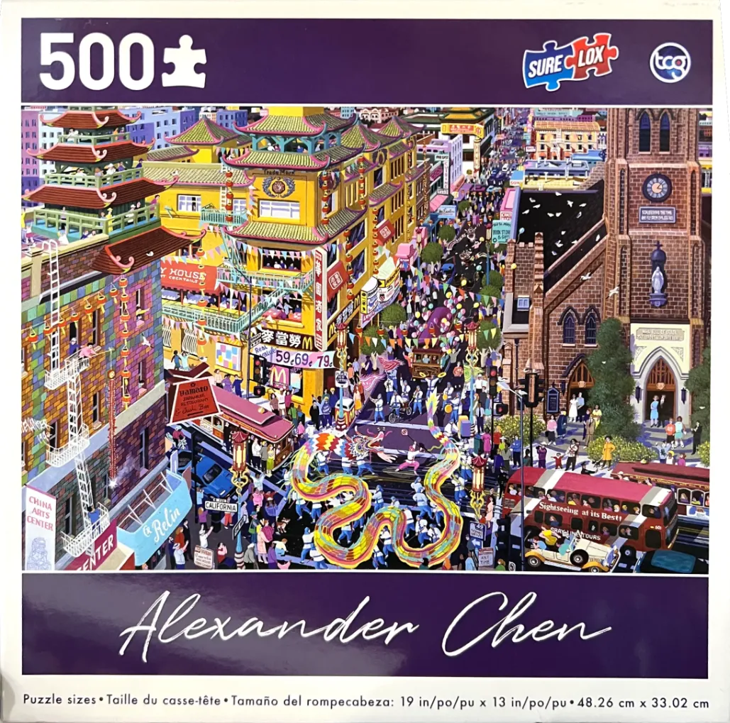 A busy San Francisco street scene with a Chinese New Year parade, featuring a dragon dancer, colorful buildings, and a cathed