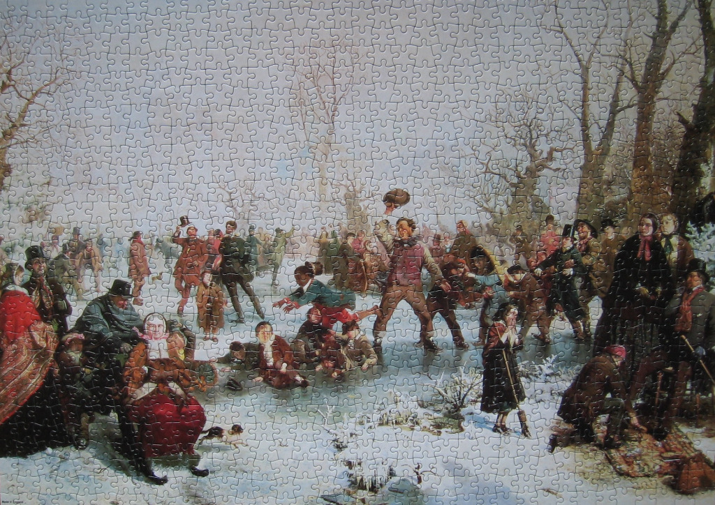 An oil painting of a crowd of Victorian people ice skating on a frozen pond in winter.