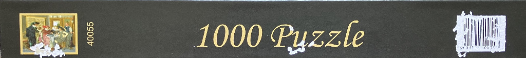 A painting of a couple in an elegant interior, gold lettering "1000 Puzzle."