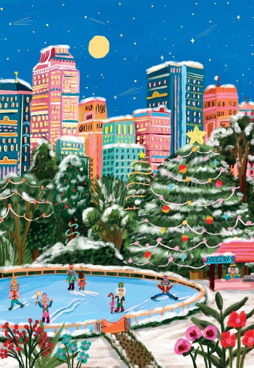 Nutcracker characters ice skating in a festive city park under a starry sky.