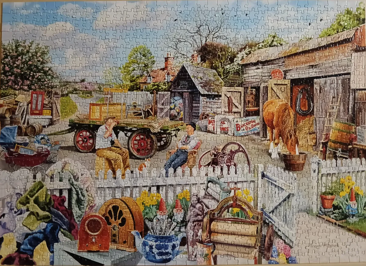 A nostalgic painting of a rural yard filled with vintage treasures and two men relaxing.