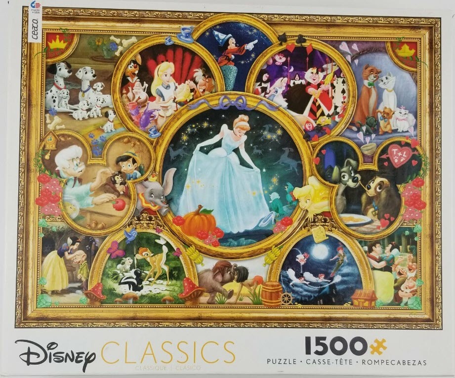 A collage of classic Disney character scenes framed within a golden, ornate Mickey Mouse-shaped border.