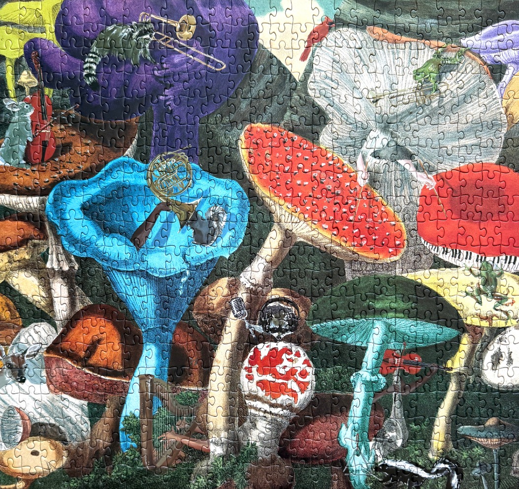 Whimsical fungi art with musical animals, vibrant blues, reds, and purples.