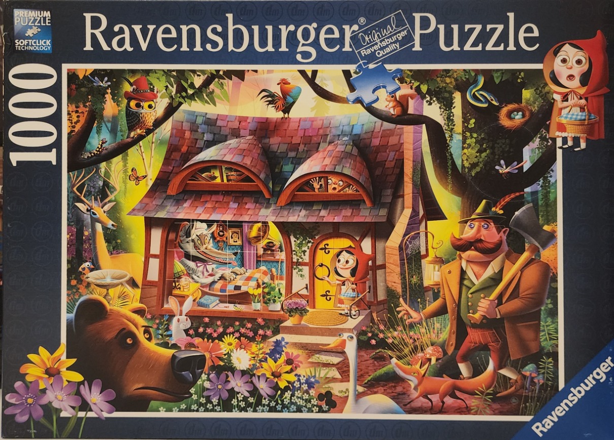 Whimsical illustration of a fairytale cottage scene featuring Little Red Riding Hood, a wolf, and a woodsman.