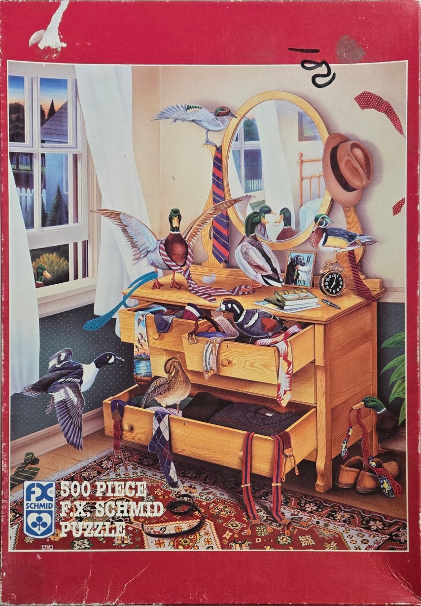 Illustration of ducks interacting with clothing and furniture in a bedroom