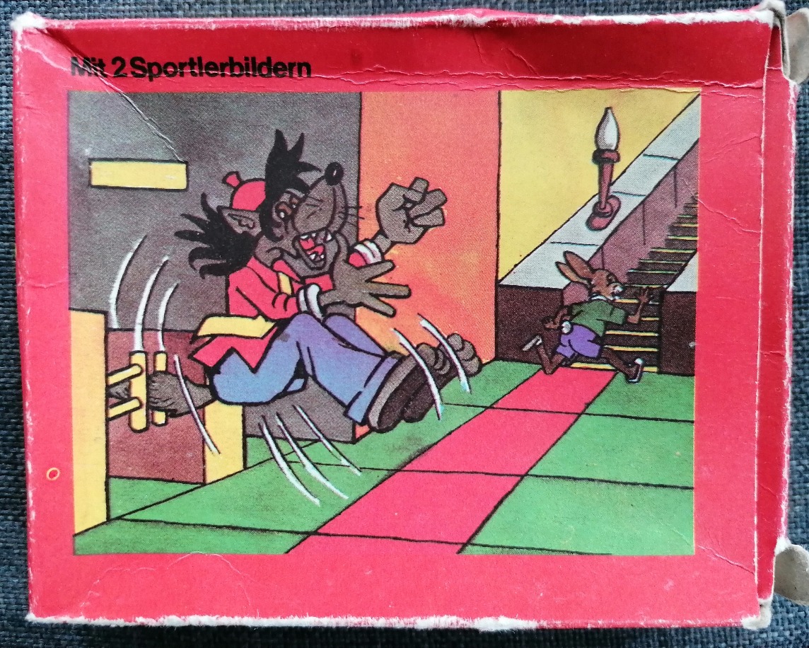 A cartoon illustration of a wolf chasing a rabbit up a staircase.