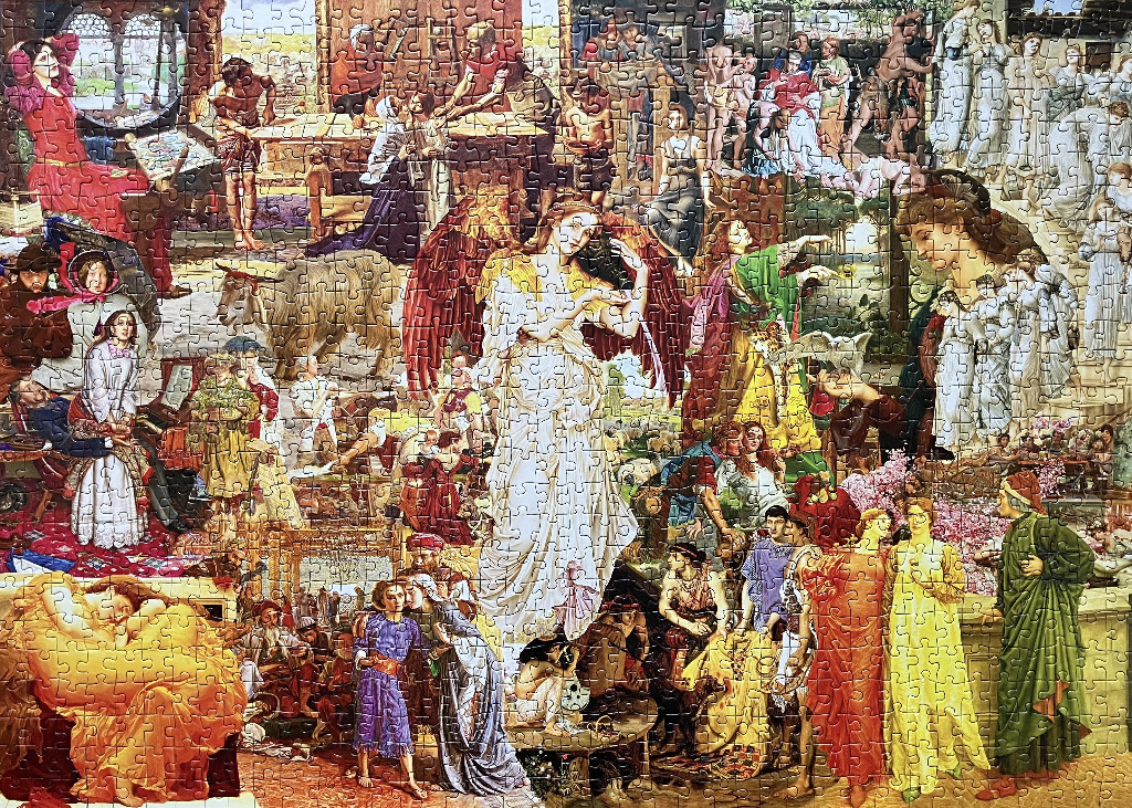 A collage of Victorian-style paintings featuring a central winged angel surrounded by numerous figures in classical attire.