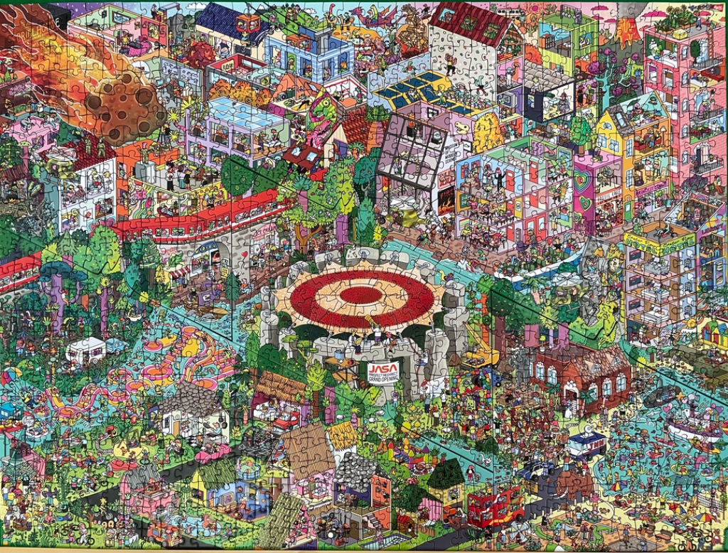 A busy, colorful scene with a meteor, red train, and a bullseye target.
