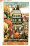 An illustration of a family raking autumn leaves in the front yard of a two-story house.