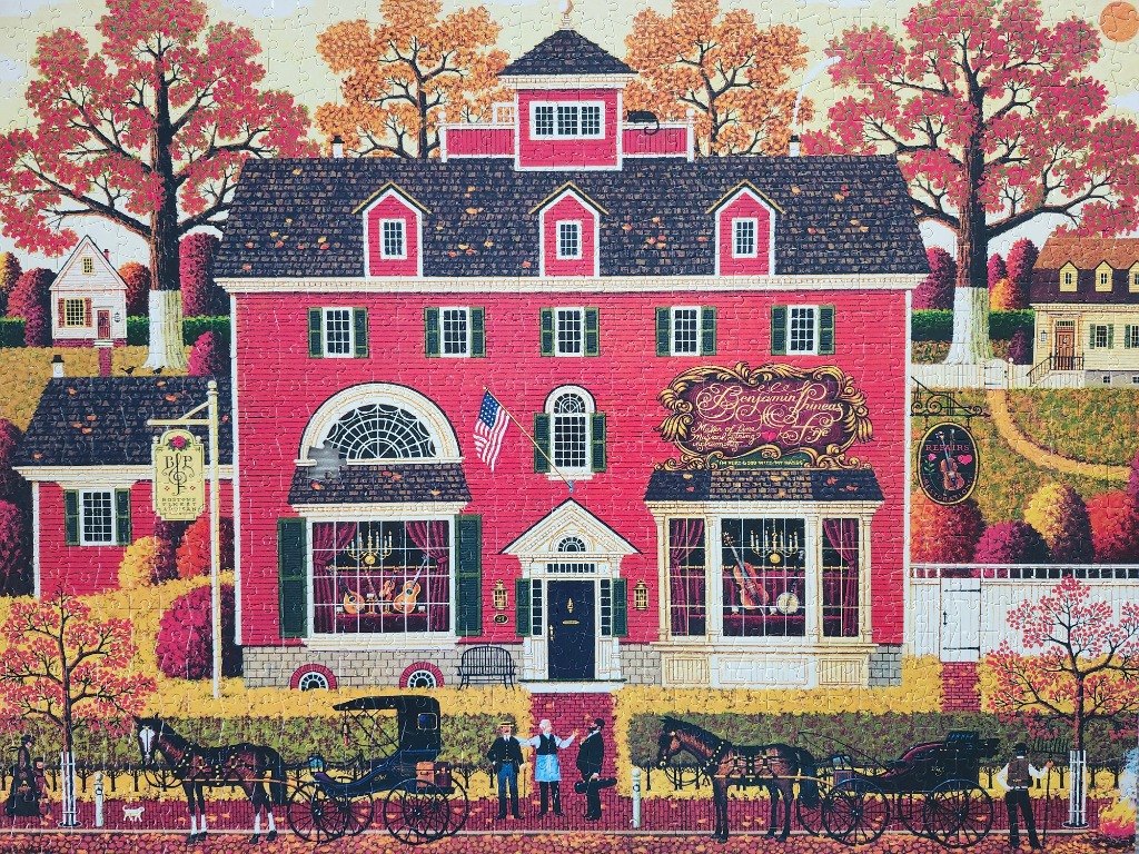 An illustration of a red brick music shop building in autumn surrounded by horse-drawn carriages.