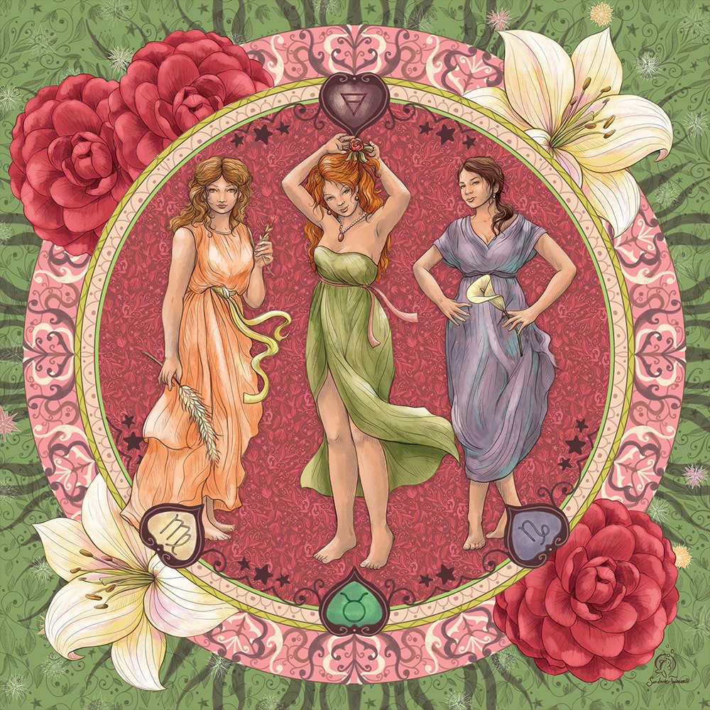 Three women in flowing gowns representing earth zodiac signs stand within a circular decorative frame of flowers.