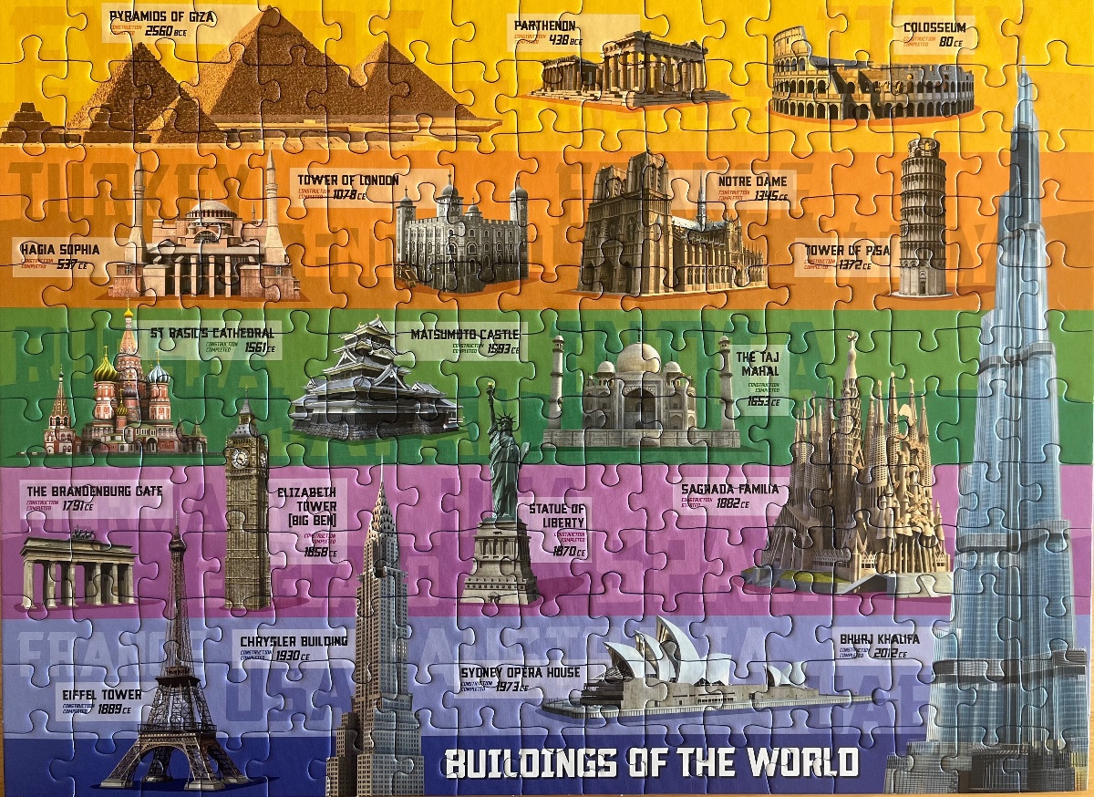 An illustrated graphic showcasing famous world landmarks arranged in horizontal color-coded bands.