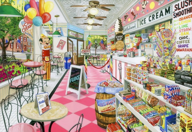 A colorful, detailed painting of a retro-style ice cream parlor with pink and white checkered floors and shelves of candy.