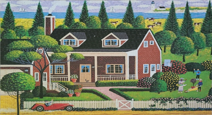 A folk-art style painting of a red-brick farmhouse, gardens, and people by the sea.